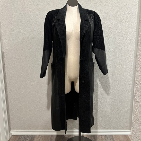 Vintage Leather Suede Coat Women's Duster Jacket Long Black Floral Pattern - Picture 8 of 14